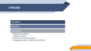 ETIOLOGIA
Idiopático
Genético
Ambiental
• Deficiencia de folatos
• Diabetes materna
• Síndrome de banda amniótica
• Teratógenos (etanol, talidomida, vitamina A)
10
 