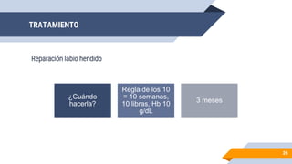 TRATAMIENTO
Reparación labio hendido
26
¿Cuándo
hacerla?
Regla de los 10
= 10 semanas,
10 libras, Hb 10
g/dL
3 meses
 