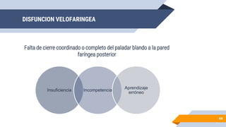 DISFUNCION VELOFARINGEA
Falta de cierre coordinado o completo del paladar blando a la pared
faríngea posterior
44
Insuficiencia Incompetencia
Aprendizaje
erróneo
 