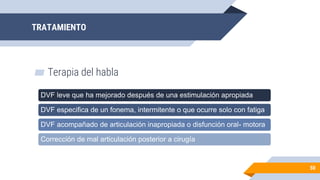 TRATAMIENTO
▰ Terapia del habla
50
DVF leve que ha mejorado después de una estimulación apropiada
DVF especifica de un fonema, intermitente o que ocurre solo con fatiga
DVF acompañado de articulación inapropiada o disfunción oral- motora
Corrección de mal articulación posterior a cirugía
 