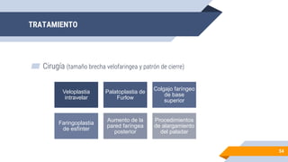 TRATAMIENTO
▰ Cirugía (tamaño brecha velofaringea y patrón de cierre)
54
Veloplastia
intravelar
Palatoplastia de
Furlow
Colgajo faríngeo
de base
superior
Faringoplastia
de esfínter
Aumento de la
pared faríngea
posterior
Procedimientos
de alargamiento
del paladar
 