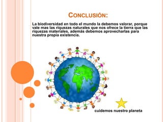 Conclusión:La biodiversidad en todo el mundo la debemos valorar, porque vale mas las riquezas naturales que nos ofrece la tierra que las riquezas materiales, además debemos aprovecharlas para nuestra propia existencia.                                                         cuidemos nuestro planeta
