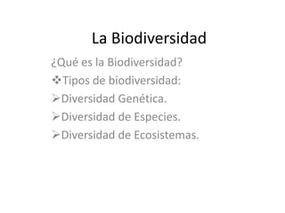 La Biodiversidad
¿Qué es la Biodiversidad?
Tipos de biodiversidad:
Diversidad Genética.
Diversidad de Especies.
Diversidad de Ecosistemas.
 