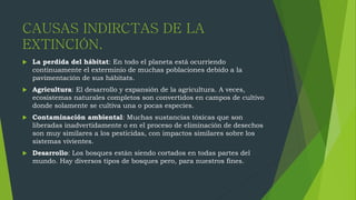 CAUSAS INDIRCTAS DE LA
EXTINCIÓN.
 La perdida del hábitat: En todo el planeta está ocurriendo
continuamente el exterminio de muchas poblaciones debido a la
pavimentación de sus hábitats.
 Agricultura: El desarrollo y expansión de la agricultura. A veces,
ecosistemas naturales completos son convertidos en campos de cultivo
donde solamente se cultiva una o pocas especies.
 Contaminación ambiental: Muchas sustancias tóxicas que son
liberadas inadvertidamente o en el proceso de eliminación de desechos
son muy similares a los pesticidas, con impactos similares sobre los
sistemas vivientes.
 Desarrollo: Los bosques están siendo cortados en todas partes del
mundo. Hay diversos tipos de bosques pero, para nuestros fines.
 