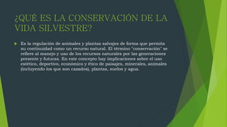 ¿QUÉ ES LA CONSERVACIÓN DE LA
VIDA SILVESTRE?
 Es la regulación de animales y plantas salvajes de forma que permita
su continuidad como un recurso natural. El término "conservación" se
refiere al manejo y uso de los recursos naturales por las generaciones
presente y futuras. En este concepto hay implicaciones sobre el uso
estético, deportivo, económico y ético de paisajes, minerales, animales
(incluyendo los que son cazados), plantas, suelos y agua.
 