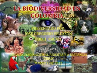 LA BIODIVERSIDAD EN
       COLOMBIA

           PRESENTADO POR:
        JOSE GREGORIO VILLAZON
             COD. 1.950.781


UNIVERSIDAD NACIONAL ABIERTA Y A DISTANCIA
                 “UNAD”
             MARZO 1 DE 2012
 