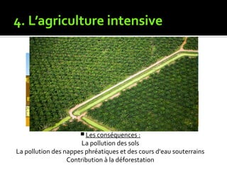 4. L’agriculture intensive
 Les conséquences :
La pollution des sols
La pollution des nappes phréatiques et des cours d'eau souterrains
Contribution à la déforestation
 