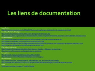 Les liens de documentation
La pollution :
http://www.environnement.ens.fr/IMG/pdf/Pollution_atmospherique_biodiversite_et_ecosystemes_VF.pdf
Le réchauffement climatique :
http://www.changement-climatique.fr/causes-changement-climatique.php
http://www.equiterre.org/choix-de-societe/dossier/ours-polaire-sur-glaces-ephemeres-limpact-du-rechauffement-climatique-sur-l
La déforestation :
http://defenseanimale.com/la-deforestation-est-une-menace-pour-de-nombreuses-especes/
http://www.notre-planete.info/environnement/deforestation.php
http://www.lesartisansdufrais.com/pages/actu/environnement/l-huile-de-palme-une-catastrophe-ecologique-planetaire.html
http://www.zero-deforestation.org/deforestation-amazonie.htm
L’agriculture intensive :
http://www.cnrs.fr/cw/dossiers/dosbiodiv/?pid=decouv_chapC_p3_d1&zoom_id=zoom_d1_1
http://40.wwf.fr/fr/empreinte-ecologique/matieres-premieres
La surpêche :
http://www.dfo-mpo.gc.ca/international/isu-global-fra.htm
http://slowfood.com/slowfish/pagine/fra/pagina.lasso?-id_pg=42
Le braconnage :
http://www.wwf.fr/nos_priorites/especes_menacees/agir_sur_les_menaces/braconnage/
http://ecologie.blog.lemonde.fr/2012/12/14/le-braconnage-despeces-sauvages-4e-marche-illegal-au-monde/
Autre :
https://www.youtube.com/watch?v=dBPVTdlqdo8
 