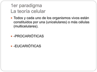 1er paradigma
La teoría celular
 Todos y cada uno de los organismos vivos están
constituidos por una (unicelulares) o más células
(multicelulares).
 -PROCARIÓTICAS
 -EUCARIÓTICAS
 