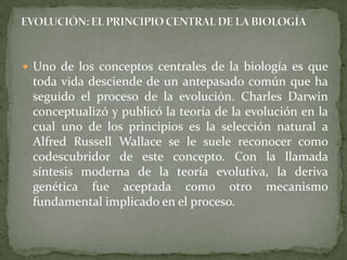 Uno de los conceptos centrales de la biología es que toda vida desciende de un antepasado común que ha seguido el proceso de la evolución. Charles Darwin conceptualizó y publicó la teoría de la evolución en la cual uno de los principios es la selección natural a Alfred Russell Wallace se le suele reconocer como codescubridor de este concepto. Con la llamada síntesis moderna de la teoría evolutiva, la deriva genética fue aceptada como otro mecanismo fundamental implicado en el proceso.EVOLUCIÓN: EL PRINCIPIO CENTRAL DE LA BIOLOGÍA
