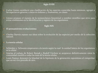 Siglo XVIIICarlos Linneo estableció una clasificación de las especies conocidas hasta entonces, agrupó a las especies en géneros, a éstos en órdenesy, finalmente, en clases.Linneo propuso el manejo de la nomenclatura binominalo nombre científico que sirve para evitar confusiones en la identificación y registro de los organismos.Siglo XIXEl pensamiento evolucionistaCharles Darwin expuso sus ideas sobre la evoluciónde las especies por medio de la selección natural.La teoría celularSchleiden y  Schwann empezaron a la teoría según la cual  la unidad básica de los organismos es la célula.Gracias al trabajo de Robert Remaky RudolfVirchowse aceptaron definitivamente entre la comunidad científica todas las tesis de la teoría celular.Louis Pasteur demostró la falsedad de la hipótesis de la generación espontáneaal comprobar que un ser vivo procede de otro.