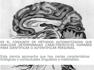 ES EL CONJUNTO DE MÉTODOS AUTOMATIZADOS QUE
ANALIZAN DETERMINADAS CARACTERÍSTICAS HUMANAS
PARA IDENTIFICAR O AUTENTIFICAR PERSONAS.
Esta ciencia aprovecha que hay ciertas características
biológicas o conductuales singulares e inalterables.
 