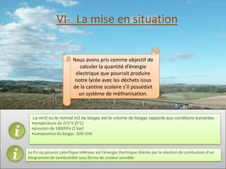 VI- La mise en situation


                         Nous avons pris comme objectif de
                            calculer la quantité d’énergie
                          électrique que pourrait produire
                          notre lycée avec les déchets issus
                         de la cantine scolaire s’il possédait
                           un système de méthanisation.



   Le nm3 ou le normal m3 de biogaz est le volume de biogaz rapporté aux conditions suivantes :
  •température de 273°K (0°C)
  •pression de 1000hPa (1 bar)
  •composition du biogaz: 50% CH4



Le Pci ou pouvoir calorifique inférieur est l’énergie thermique libérée par la réaction de combustion d'un
kilogramme de combustible sous forme de chaleur sensible.
 