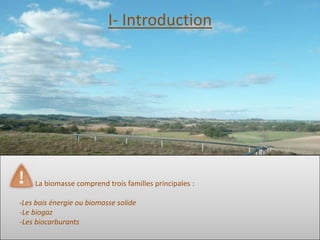 I- Introduction




    La biomasse comprend trois familles principales :

-Les bois énergie ou biomasse solide
-Le biogaz
-Les biocarburants
 
