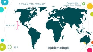 2- 3 % de la PTM = 222 924 607
Población total
mundial 7 430 820 333
128 571 043
*2010
Epidemiología
 