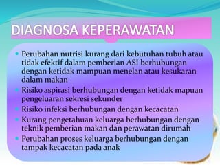  Perubahan nutrisi kurang dari kebutuhan tubuh atau
tidak efektif dalam pemberian ASI berhubungan
dengan ketidak mampuan menelan atau kesukaran
dalam makan
 Risiko aspirasi berhubungan dengan ketidak mapuan
pengeluaran sekresi sekunder
 Risiko infeksi berhubungan dengan kecacatan
 Kurang pengetahuan keluarga berhubungan dengan
teknik pemberian makan dan perawatan dirumah
 Perubahan proses keluarga berhubungan dengan
tampak kecacatan pada anak
 