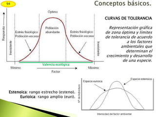 CURVAS DE TOLERANCIA
Representación gráfica
de zona óptima y límites
de tolerancia de acuerdo
a los factores
ambientales que
determinan el
crecimiento y desarrollo
de una especie.
Estenoica: rango estrecho (esteno).
Eurioica: rango amplio (euri).
Valencia ecológica
94
 