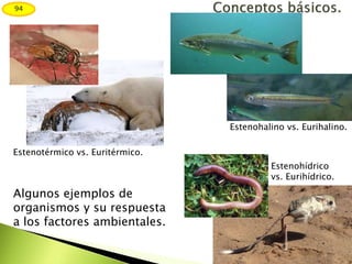 Algunos ejemplos de
organismos y su respuesta
a los factores ambientales.
Estenotérmico vs. Euritérmico.
Estenohídrico
vs. Eurihídrico.
Estenohalino vs. Eurihalino.
94
 