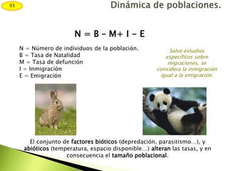 N = B – M+ I - E
N = Número de individuos de la población.
B = Tasa de Natalidad
M = Tasa de defunción
I = Inmigración
E = Emigración
Salvo estudios
específicos sobre
migraciones, se
considera la inmigración
igual a la emigración.
El conjunto de factores bióticos (depredación, parasitismo…), y
abióticos (temperatura, espacio disponible…) alteran las tasas, y en
consecuencia el tamaño poblacional.
93
 