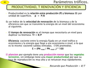  Productividad es la relación entre producción (P) y biomasa (B) por
unidad de superficie. p = P/B
Es un índice de la velocidad de renovación de la biomasa y de la
eficiencia con que se transmite la energía de un nivel del ecosistema
al siguiente.
 El tiempo de renovación es el tiempo que necesitaría un nivel para
duplicar su biomasa. Tr = B/P
 Eficiencia: cociente entre la energía fijada en un nivel trófico o
ecosistema y la energía que llega a ese ecosistema o nivel, o lo que
es lo mismo: cociente salidas/entradas. (10% promedio).
E = (PN nivel / PN nivel-1) * 100
El plancton por ejemplo tiene una producción menor que los vegetales
terrestres, sin embargo tiene una mayor productividad por que su
tasa de reproducción es muy alta y se renuevan muy rápidamente.
Recuerdo que Producción = B/T
80
PRODUCTIVIDAD, T RENOVACIÓN Y EFICIENCIA
 