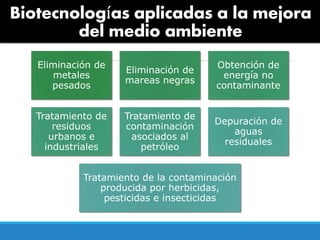 Biotecnologías aplicadas a la mejora
del medio ambiente
Eliminación de
metales
pesados
Eliminación de
mareas negras
Obtención de
energía no
contaminante
Tratamiento de
residuos
urbanos e
industriales
Tratamiento de
contaminación
asociados al
petróleo
Depuración de
aguas
residuales
Tratamiento de la contaminación
producida por herbicidas,
pesticidas e insecticidas
 
