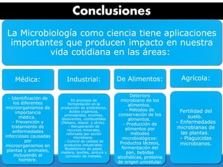 Conclusiones
La Microbiología como ciencia tiene aplicaciones
importantes que producen impacto en nuestra
vida cotidiana en las áreas:
Médica:
- Identificación de
los diferentes
microorganismos de
importancia
médica.
- Prevención y
tratamiento de
enfermedades
infecciosas causadas
por
microorganismos en
plantas y animales,
incluyendo al
hombre.
Industrial:
En procesos de
fermentación en la
producción de antibióticos,
ácidos orgánicos,
aminoácidos, enzimas,
disolventes, combustibles
(Metano, etanol y otros).
- Recuperación de
recursos minerales,
reforzada por acción
microbiana.
- Control de calidad de
productos industriales:
Biodeterioro de papel,
madera, textiles, pintura y
corrosión de metales.
De Alimentos:
Deterioro
microbiano de los
alimentos.
- Métodos de
conservación de los
alimentos.
- Producción de
alimentos por
métodos
microbiológicos:
Productos lácteos,
fermentación del
pan, bebidas
alcohólicas, proteína
de origen unicelular.
Agrícola:
Fertilidad del
suelo.
- Enfermedades
microbianas de
las plantas.
- Plaguicidas
microbianos.
 