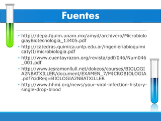 Fuentes
• http://depa.fquim.unam.mx/amyd/archivero/Microbiolo
giayBiotecnologia_13405.pdf
• http://catedras.quimica.unlp.edu.ar/ingenieriabioquimi
caIyII/microbiologia.pdf
• http://www.cuentayrazon.org/revista/pdf/046/Num046
_001.pdf
• http://www.iesramonllull.net/dokeos/courses/BIOLOGI
A2NBATXILLER/document/EXAMEN_7/MICROBIOLOGIA
.pdf?cidReq=BIOLOGIA2NBATXILLER
• http://www.hhmi.org/news/your-viral-infection-history-
single-drop-blood
 