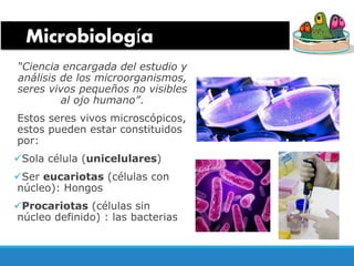 Microbiología
“Ciencia encargada del estudio y
análisis de los microorganismos,
seres vivos pequeños no visibles
al ojo humano”.
Estos seres vivos microscópicos,
estos pueden estar constituidos
por:
Sola célula (unicelulares)
Ser eucariotas (células con
núcleo): Hongos
Procariotas (células sin
núcleo definido) : las bacterias
 