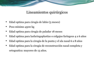 Lineamientos quirúrgicos
• Edad optima para cirugía de labio (3 meses)
• Peso mínimo 4500 kg
• Edad optima para cirugía de paladar 18 meses
• Edad optima para lasfaringoplastias o colgajos faríngeos 4 a 6 años
• Edad optima para la cirugía de la punta y el ala nasal 6 a 8 años
• Edad optima para la cirugía de reconstrucción nasal completa y
ortognatica: mayores de 13 años.
 