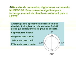 Na caixa de comandos, digitaremos o comando MUDEDC 90. Este comando significa que a tartaruga mudará de direção e caminhará para o LESTE.  A tartaruga está apontando na direção em que deseja ir. A direção é um número entre 0 e 360 graus que corresponde aos graus da bússola. 0 aponta para o norte; 90 aponta para o leste; 180 aponta para o sul; 270 aponta para o oeste. 0º N E 90º 270º O S 180º 