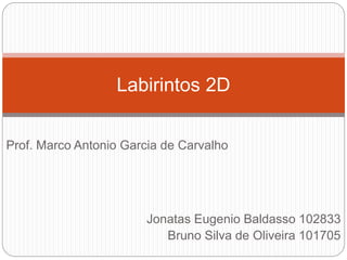 Jonatas Eugenio Baldasso 102833
Bruno Silva de Oliveira 101705
Labirintos 2D
Prof. Marco Antonio Garcia de Carvalho
 