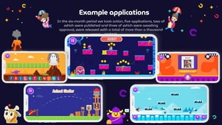 Example applications
In the six-month period we took action, five applications, two of
which were published and three of which were awaiting
approval, were released with a total of more than a thousand
content.
 