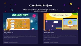 Completed Projects
‘Plans are worthless, but planning is everything. ’
Dwight D. Eisenhower
Play More 4
More & More 4nd Grade Digital Education Platform. Educational
GAME - AUDIO -ACTIVITIES
Date : 2021
Publisher : Kurmay Yayınları
Play More 5
More & More 5nd Grade Digital Education Platform. Educational
GAME - AUDIO -ACTIVITIES .
Date : 2021
Publisher : Kurmay Yayınları
 