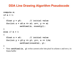 DDA Line Drawing Algorithm Pseudocode
compute m;
if m < 1:
{
float y = y0; // initial value
for(int x = x0;x <= x1; x++, y += m)
setPixel(x, round(y));
}
else // m > 1
{
float x = x0; // initial value
for(int y = y0;y <= y1; y++, x += 1/m)
setPixel(round(x), y);
}
• Note: setPixel(x, y) writes current color into pixel in column x and row y in
frame buffer
 