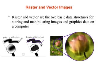 Raster and Vector Images
• Raster and vector are the two basic data structures for
storing and manipulating images and graphics data on
a computer
 