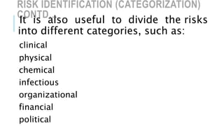 RISK IDENTIFICATION (CATEGORIZATION)
CONTD…
It is also useful to divide the risks
into different categories, such as:
clinical
physical
chemical
infectious
organizational
financial
political
 