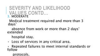 SEVERITY AND LIKELIHOOD
VALUES CONTD…
3. MODERATE
Medical treatment required and more than 3
days’
absence from work or more than 2 days’
extended
hospital stay.
• Loss of services in any critical area.
• Repeated failures to meet internal standards or
follow
protocols.
 