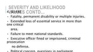 SEVERITY AND LIKELIHOOD
VALUES CONTD…4. SEVERE
• Fatality, permanent disability or multiple injuries.
• Extended loss of essential service in more than
one critical
area.
• Failure to meet national standards.
• Executive officer fined or imprisoned, criminal
prosecution
no defense.
 