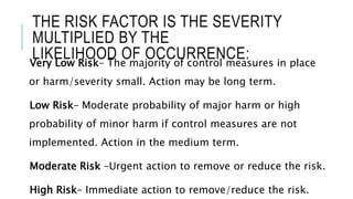 THE RISK FACTOR IS THE SEVERITY
MULTIPLIED BY THE
LIKELIHOOD OF OCCURRENCE:Very Low Risk– The majority of control measures in place
or harm/severity small. Action may be long term.
Low Risk– Moderate probability of major harm or high
probability of minor harm if control measures are not
implemented. Action in the medium term.
Moderate Risk –Urgent action to remove or reduce the risk.
High Risk– Immediate action to remove/reduce the risk.
 