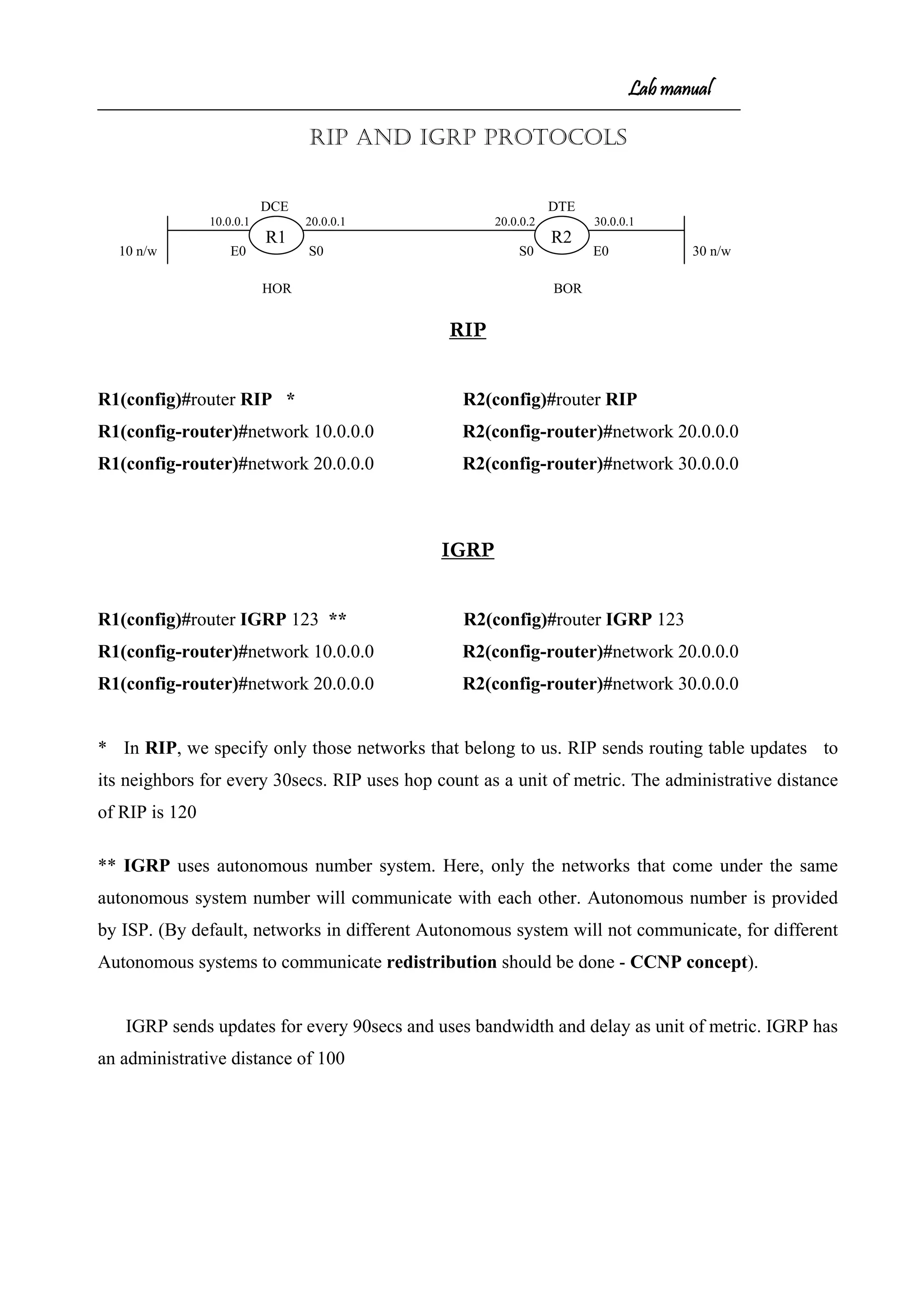 Lab manual
RIP AND IGRP Protocols
DCE DTE
10.0.0.1 20.0.0.1 20.0.0.2 30.0.0.1
10 n/w E0 S0 S0 E0 30 n/w
HOR BOR
RIP
R1(config)#router RIP * R2(config)#router RIP
R1(config-router)#network 10.0.0.0 R2(config-router)#network 20.0.0.0
R1(config-router)#network 20.0.0.0 R2(config-router)#network 30.0.0.0
IGRP
R1(config)#router IGRP 123 ** R2(config)#router IGRP 123
R1(config-router)#network 10.0.0.0 R2(config-router)#network 20.0.0.0
R1(config-router)#network 20.0.0.0 R2(config-router)#network 30.0.0.0
* In RIP, we specify only those networks that belong to us. RIP sends routing table updates to
its neighbors for every 30secs. RIP uses hop count as a unit of metric. The administrative distance
of RIP is 120
** IGRP uses autonomous number system. Here, only the networks that come under the same
autonomous system number will communicate with each other. Autonomous number is provided
by ISP. (By default, networks in different Autonomous system will not communicate, for different
Autonomous systems to communicate redistribution should be done - CCNP concept).
IGRP sends updates for every 90secs and uses bandwidth and delay as unit of metric. IGRP has
an administrative distance of 100
R1 R2
 
