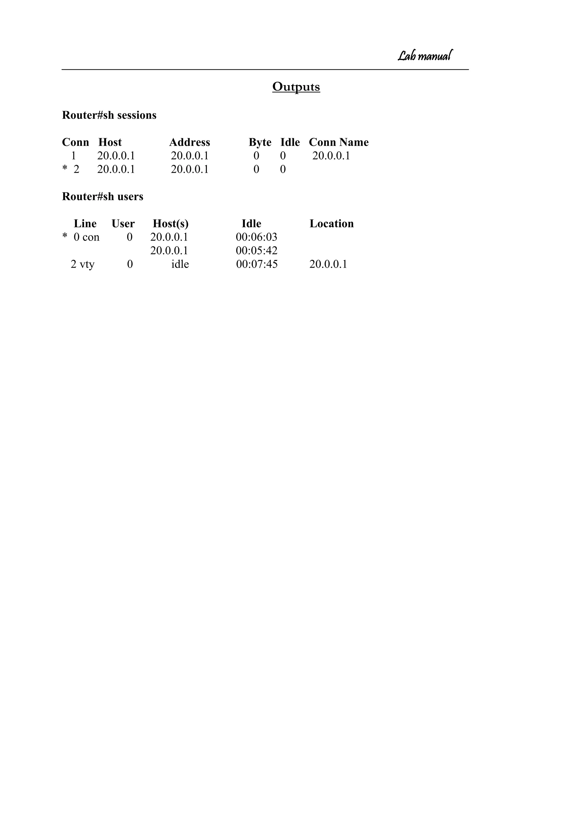 Lab manual
Outputs
Router#sh sessions
Conn Host Address Byte Idle Conn Name
1 20.0.0.1 20.0.0.1 0 0 20.0.0.1
* 2 20.0.0.1 20.0.0.1 0 0
Router#sh users
Line User Host(s) Idle Location
* 0 con 0 20.0.0.1 00:06:03
20.0.0.1 00:05:42
2 vty 0 idle 00:07:45 20.0.0.1
 