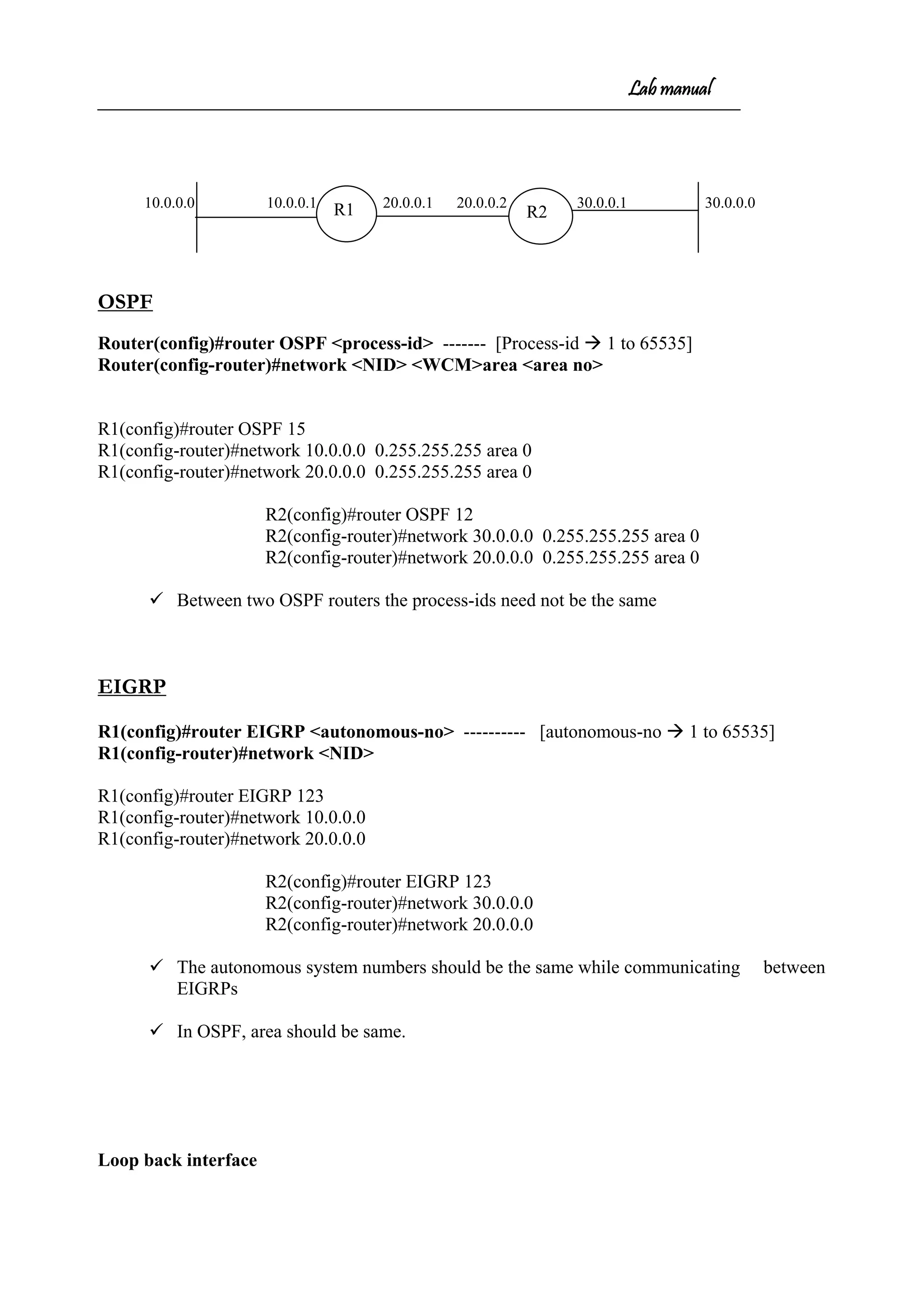 Lab manual
10.0.0.0 10.0.0.1 20.0.0.1 20.0.0.2 30.0.0.1 30.0.0.0
OSPF
Router(config)#router OSPF <process-id> ------- [Process-id  1 to 65535]
Router(config-router)#network <NID> <WCM>area <area no>
R1(config)#router OSPF 15
R1(config-router)#network 10.0.0.0 0.255.255.255 area 0
R1(config-router)#network 20.0.0.0 0.255.255.255 area 0
R2(config)#router OSPF 12
R2(config-router)#network 30.0.0.0 0.255.255.255 area 0
R2(config-router)#network 20.0.0.0 0.255.255.255 area 0
 Between two OSPF routers the process-ids need not be the same
EIGRP
R1(config)#router EIGRP <autonomous-no> ---------- [autonomous-no  1 to 65535]
R1(config-router)#network <NID>
R1(config)#router EIGRP 123
R1(config-router)#network 10.0.0.0
R1(config-router)#network 20.0.0.0
R2(config)#router EIGRP 123
R2(config-router)#network 30.0.0.0
R2(config-router)#network 20.0.0.0
 The autonomous system numbers should be the same while communicating between
EIGRPs
 In OSPF, area should be same.
Loop back interface
R2R1
 
