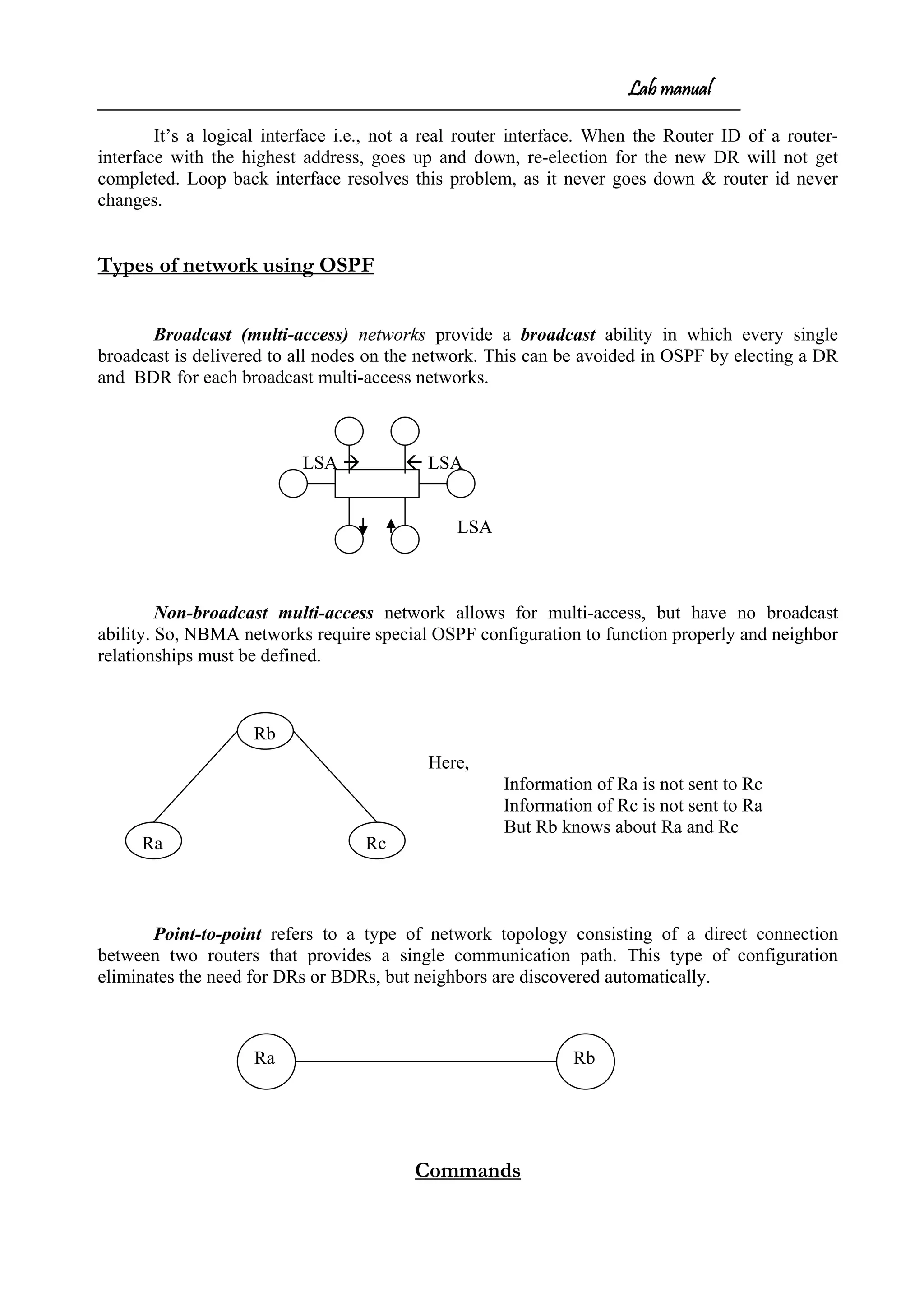 Lab manual
It’s a logical interface i.e., not a real router interface. When the Router ID of a router-
interface with the highest address, goes up and down, re-election for the new DR will not get
completed. Loop back interface resolves this problem, as it never goes down & router id never
changes.
Types of network using OSPF
Broadcast (multi-access) networks provide a broadcast ability in which every single
broadcast is delivered to all nodes on the network. This can be avoided in OSPF by electing a DR
and BDR for each broadcast multi-access networks.
LSA   LSA
LSA
Non-broadcast multi-access network allows for multi-access, but have no broadcast
ability. So, NBMA networks require special OSPF configuration to function properly and neighbor
relationships must be defined.
Here,
Information of Ra is not sent to Rc
Information of Rc is not sent to Ra
But Rb knows about Ra and Rc
Point-to-point refers to a type of network topology consisting of a direct connection
between two routers that provides a single communication path. This type of configuration
eliminates the need for DRs or BDRs, but neighbors are discovered automatically.
Commands
Rb
Ra Rc
Ra Rb
 