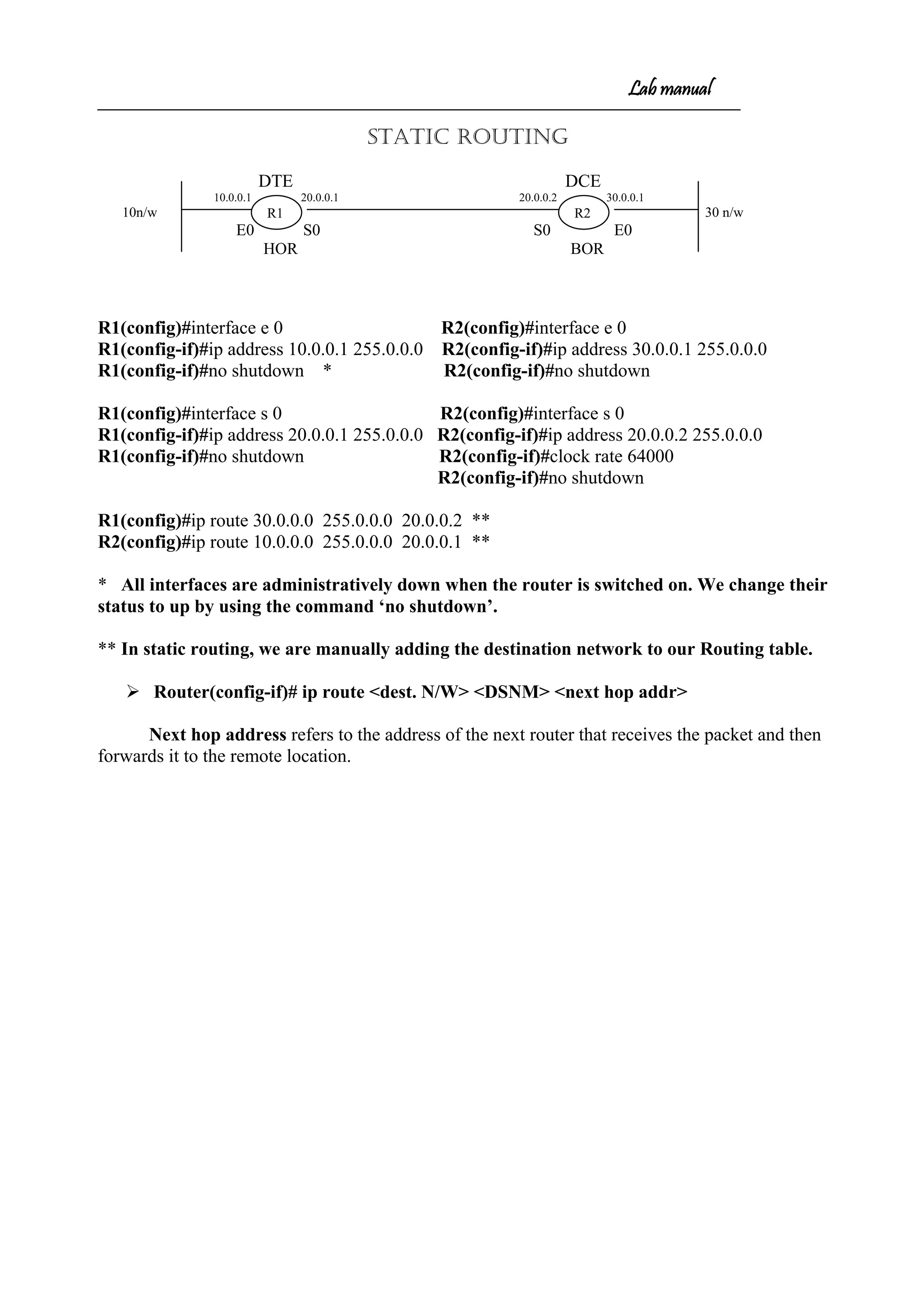 Lab manual
STATIC ROUTING
DTE DCE
10.0.0.1 20.0.0.1 20.0.0.2 30.0.0.1
10n/w 30 n/w
E0 S0 S0 E0
HOR BOR
R1(config)#interface e 0 R2(config)#interface e 0
R1(config-if)#ip address 10.0.0.1 255.0.0.0 R2(config-if)#ip address 30.0.0.1 255.0.0.0
R1(config-if)#no shutdown * R2(config-if)#no shutdown
R1(config)#interface s 0 R2(config)#interface s 0
R1(config-if)#ip address 20.0.0.1 255.0.0.0 R2(config-if)#ip address 20.0.0.2 255.0.0.0
R1(config-if)#no shutdown R2(config-if)#clock rate 64000
R2(config-if)#no shutdown
R1(config)#ip route 30.0.0.0 255.0.0.0 20.0.0.2 **
R2(config)#ip route 10.0.0.0 255.0.0.0 20.0.0.1 **
* All interfaces are administratively down when the router is switched on. We change their
status to up by using the command ‘no shutdown’.
** In static routing, we are manually adding the destination network to our Routing table.
 Router(config-if)# ip route <dest. N/W> <DSNM> <next hop addr>
Next hop address refers to the address of the next router that receives the packet and then
forwards it to the remote location.
R1 R2
 