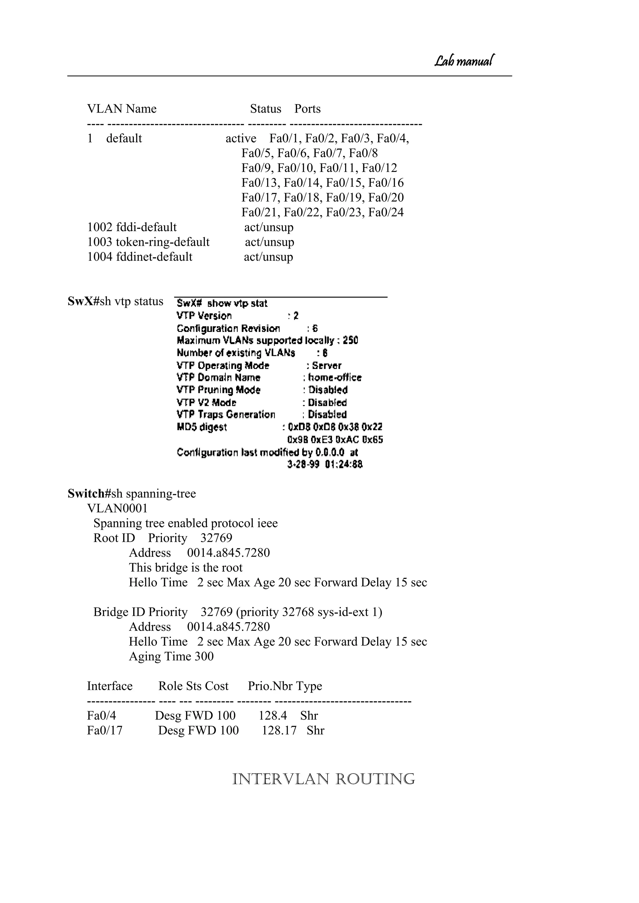 Lab manual
VLAN Name Status Ports
---- -------------------------------- --------- -------------------------------
1 default active Fa0/1, Fa0/2, Fa0/3, Fa0/4,
Fa0/5, Fa0/6, Fa0/7, Fa0/8
Fa0/9, Fa0/10, Fa0/11, Fa0/12
Fa0/13, Fa0/14, Fa0/15, Fa0/16
Fa0/17, Fa0/18, Fa0/19, Fa0/20
Fa0/21, Fa0/22, Fa0/23, Fa0/24
1002 fddi-default act/unsup
1003 token-ring-default act/unsup
1004 fddinet-default act/unsup
SwX#sh vtp status
Switch#sh spanning-tree
VLAN0001
Spanning tree enabled protocol ieee
Root ID Priority 32769
Address 0014.a845.7280
This bridge is the root
Hello Time 2 sec Max Age 20 sec Forward Delay 15 sec
Bridge ID Priority 32769 (priority 32768 sys-id-ext 1)
Address 0014.a845.7280
Hello Time 2 sec Max Age 20 sec Forward Delay 15 sec
Aging Time 300
Interface Role Sts Cost Prio.Nbr Type
---------------- ---- --- --------- -------- --------------------------------
Fa0/4 Desg FWD 100 128.4 Shr
Fa0/17 Desg FWD 100 128.17 Shr
Intervlan Routing
 