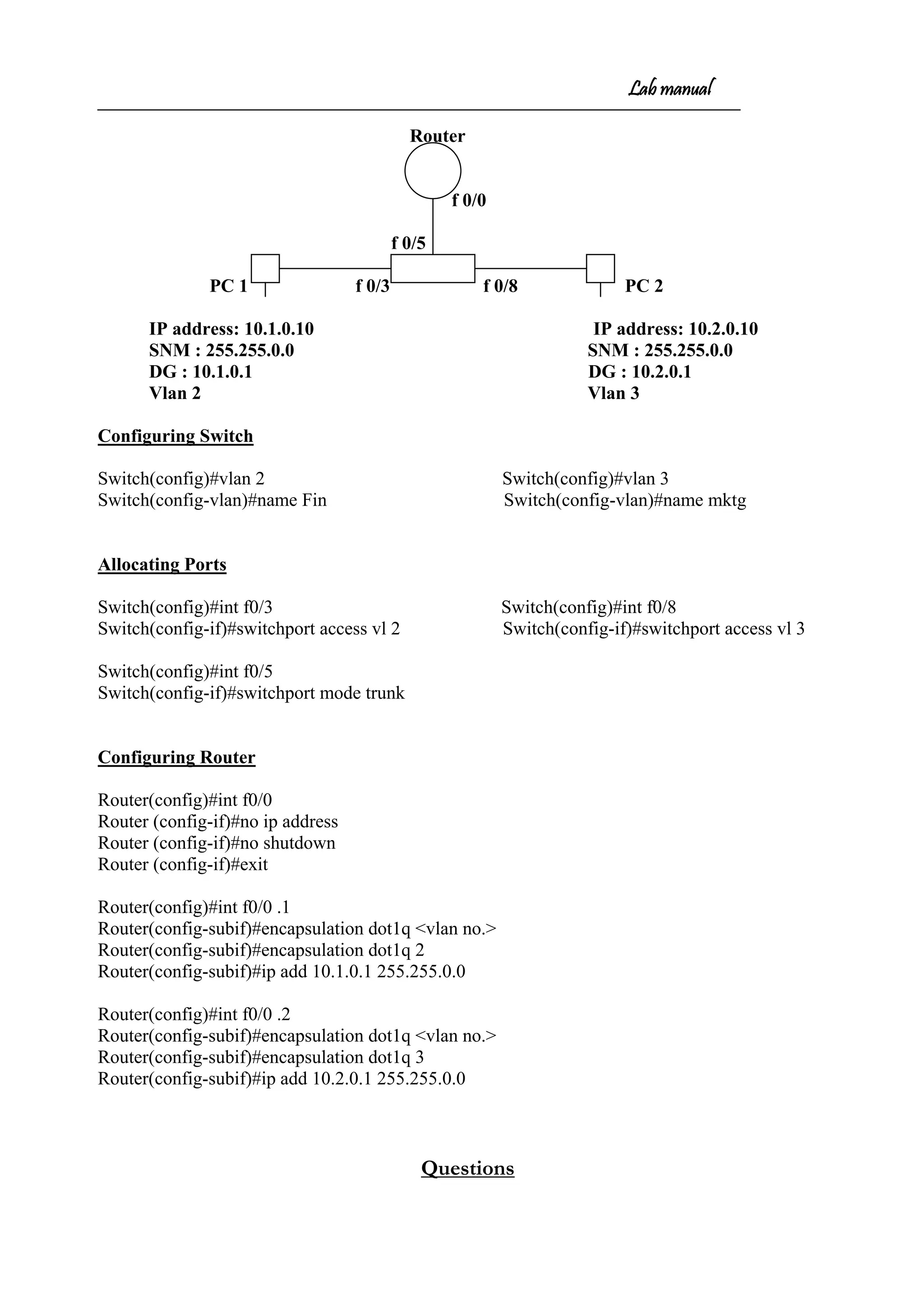 Lab manual
Router
f 0/0
f 0/5
PC 1 f 0/3 f 0/8 PC 2
IP address: 10.1.0.10 IP address: 10.2.0.10
SNM : 255.255.0.0 SNM : 255.255.0.0
DG : 10.1.0.1 DG : 10.2.0.1
Vlan 2 Vlan 3
Configuring Switch
Switch(config)#vlan 2 Switch(config)#vlan 3
Switch(config-vlan)#name Fin Switch(config-vlan)#name mktg
Allocating Ports
Switch(config)#int f0/3 Switch(config)#int f0/8
Switch(config-if)#switchport access vl 2 Switch(config-if)#switchport access vl 3
Switch(config)#int f0/5
Switch(config-if)#switchport mode trunk
Configuring Router
Router(config)#int f0/0
Router (config-if)#no ip address
Router (config-if)#no shutdown
Router (config-if)#exit
Router(config)#int f0/0 .1
Router(config-subif)#encapsulation dot1q <vlan no.>
Router(config-subif)#encapsulation dot1q 2
Router(config-subif)#ip add 10.1.0.1 255.255.0.0
Router(config)#int f0/0 .2
Router(config-subif)#encapsulation dot1q <vlan no.>
Router(config-subif)#encapsulation dot1q 3
Router(config-subif)#ip add 10.2.0.1 255.255.0.0
Questions
 