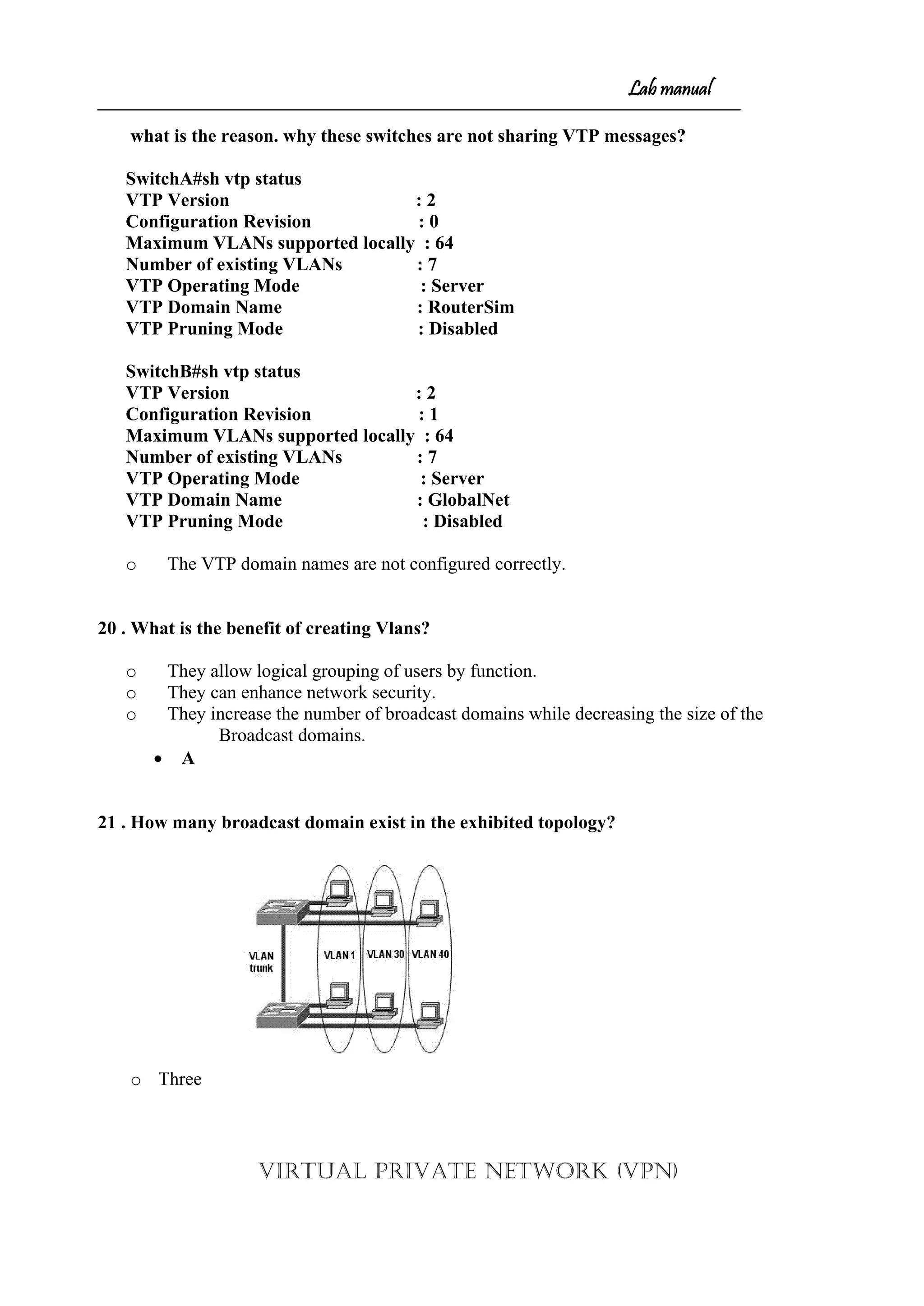 Lab manual
what is the reason. why these switches are not sharing VTP messages?
SwitchA#sh vtp status
VTP Version : 2
Configuration Revision : 0
Maximum VLANs supported locally : 64
Number of existing VLANs : 7
VTP Operating Mode : Server
VTP Domain Name : RouterSim
VTP Pruning Mode : Disabled
SwitchB#sh vtp status
VTP Version : 2
Configuration Revision : 1
Maximum VLANs supported locally : 64
Number of existing VLANs : 7
VTP Operating Mode : Server
VTP Domain Name : GlobalNet
VTP Pruning Mode : Disabled
o The VTP domain names are not configured correctly.
20 . What is the benefit of creating Vlans?
o They allow logical grouping of users by function.
o They can enhance network security.
o They increase the number of broadcast domains while decreasing the size of the
Broadcast domains.
• A
21 . How many broadcast domain exist in the exhibited topology?
o Three
VIRTUAL PRIVATE NETWORK (VPN)
 