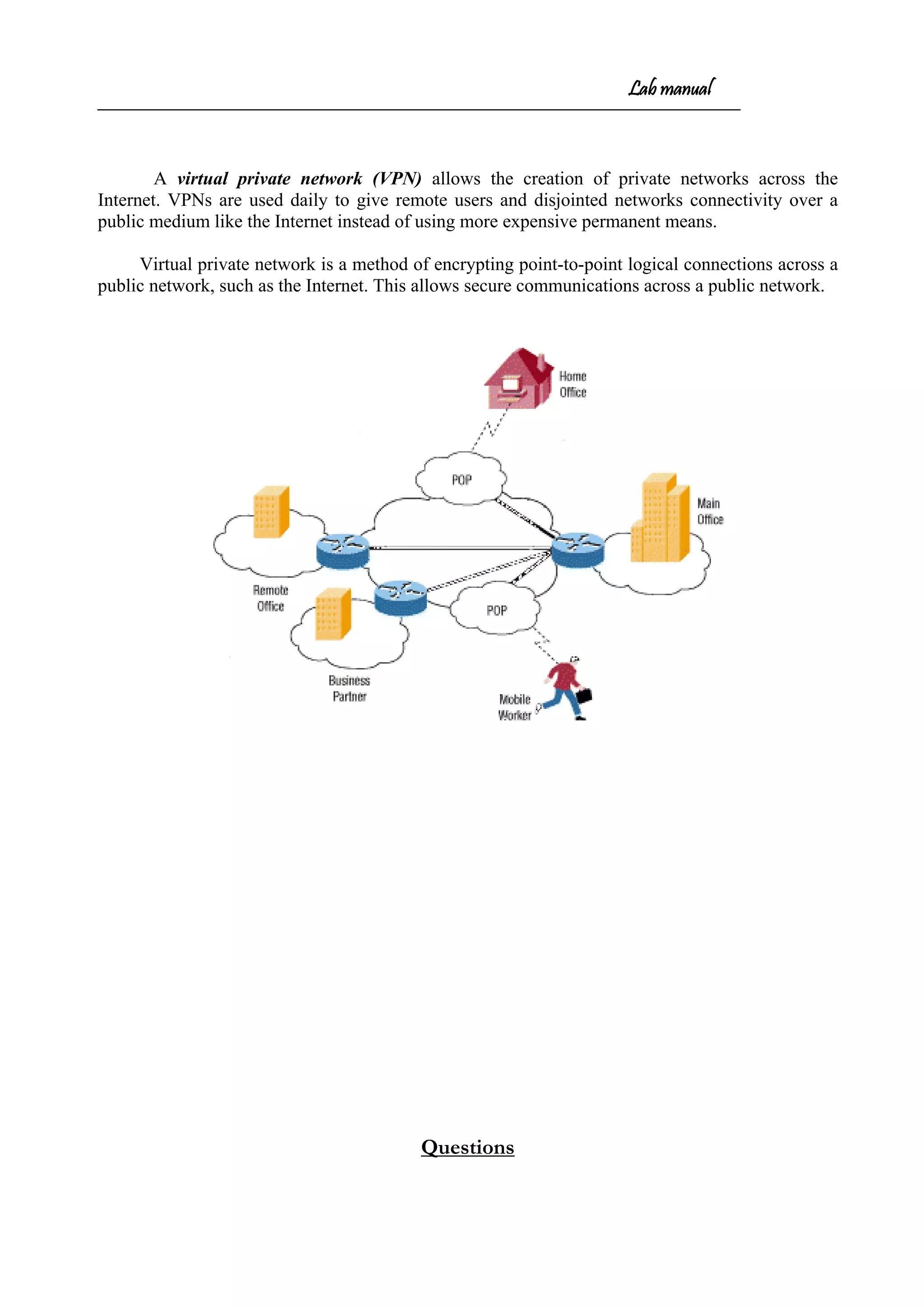 Lab manual
A virtual private network (VPN) allows the creation of private networks across the
Internet. VPNs are used daily to give remote users and disjointed networks connectivity over a
public medium like the Internet instead of using more expensive permanent means.
Virtual private network is a method of encrypting point-to-point logical connections across a
public network, such as the Internet. This allows secure communications across a public network.
Questions
 