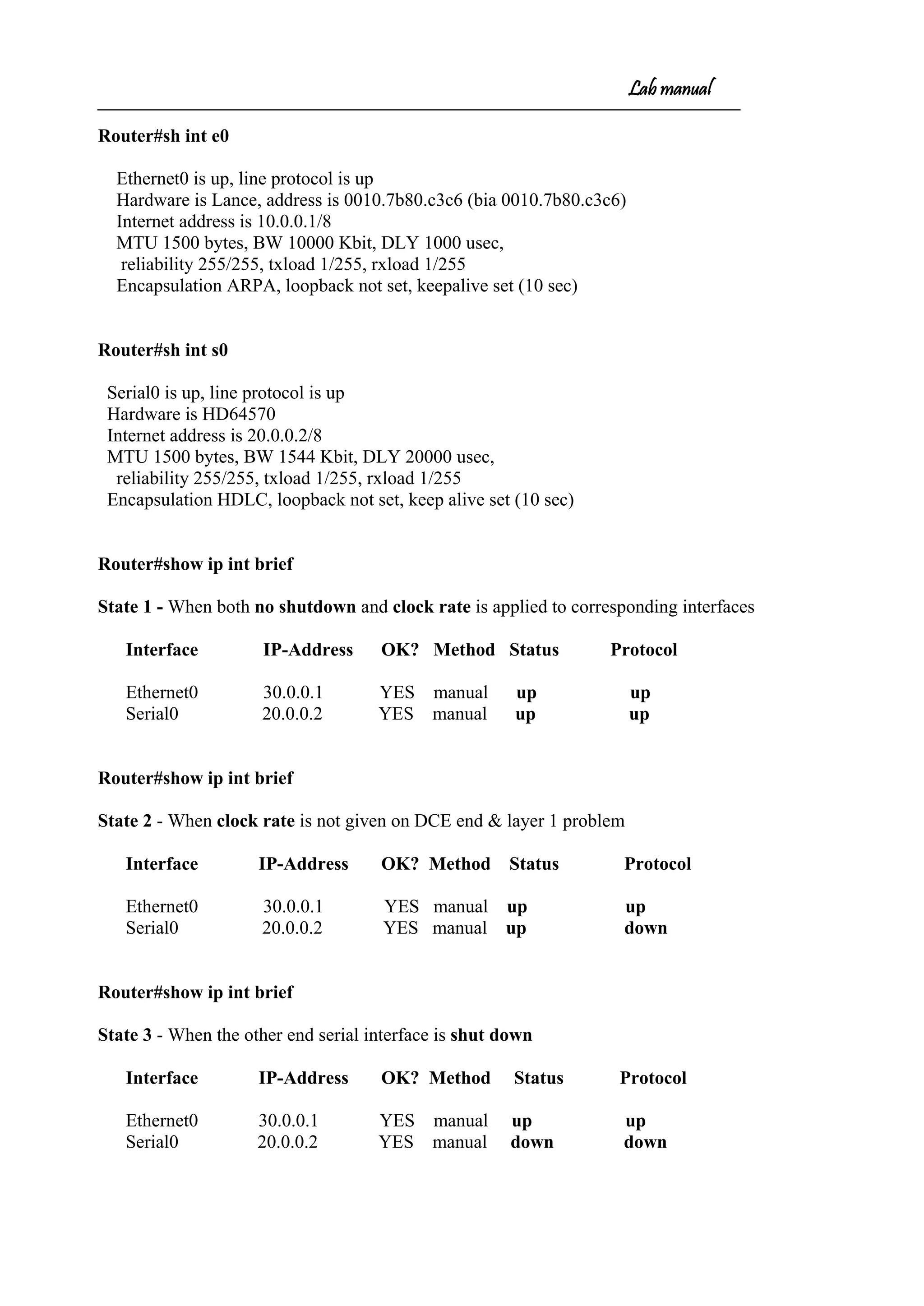Lab manual
Router#sh int e0
Ethernet0 is up, line protocol is up
Hardware is Lance, address is 0010.7b80.c3c6 (bia 0010.7b80.c3c6)
Internet address is 10.0.0.1/8
MTU 1500 bytes, BW 10000 Kbit, DLY 1000 usec,
reliability 255/255, txload 1/255, rxload 1/255
Encapsulation ARPA, loopback not set, keepalive set (10 sec)
Router#sh int s0
Serial0 is up, line protocol is up
Hardware is HD64570
Internet address is 20.0.0.2/8
MTU 1500 bytes, BW 1544 Kbit, DLY 20000 usec,
reliability 255/255, txload 1/255, rxload 1/255
Encapsulation HDLC, loopback not set, keep alive set (10 sec)
Router#show ip int brief
State 1 - When both no shutdown and clock rate is applied to corresponding interfaces
Interface IP-Address OK? Method Status Protocol
Ethernet0 30.0.0.1 YES manual up up
Serial0 20.0.0.2 YES manual up up
Router#show ip int brief
State 2 - When clock rate is not given on DCE end & layer 1 problem
Interface IP-Address OK? Method Status Protocol
Ethernet0 30.0.0.1 YES manual up up
Serial0 20.0.0.2 YES manual up down
Router#show ip int brief
State 3 - When the other end serial interface is shut down
Interface IP-Address OK? Method Status Protocol
Ethernet0 30.0.0.1 YES manual up up
Serial0 20.0.0.2 YES manual down down
 