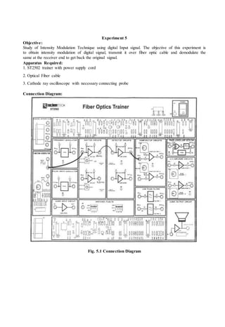 Experiment 5
Objective:
Study of Intensity Modulation Technique using digital Input signal. The objective of this experiment is
to obtain intensity modulation of digital signal, transmit it over fiber optic cable and demodulate the
same at the receiver end to get back the original signal.
Apparatus Required:
1. ST2502 trainer with power supply cord
2. Optical Fiber cable
3. Cathode ray oscilloscope with necessary connecting probe
Connection Diagram:
Fig. 5.1 Connection Diagram
 